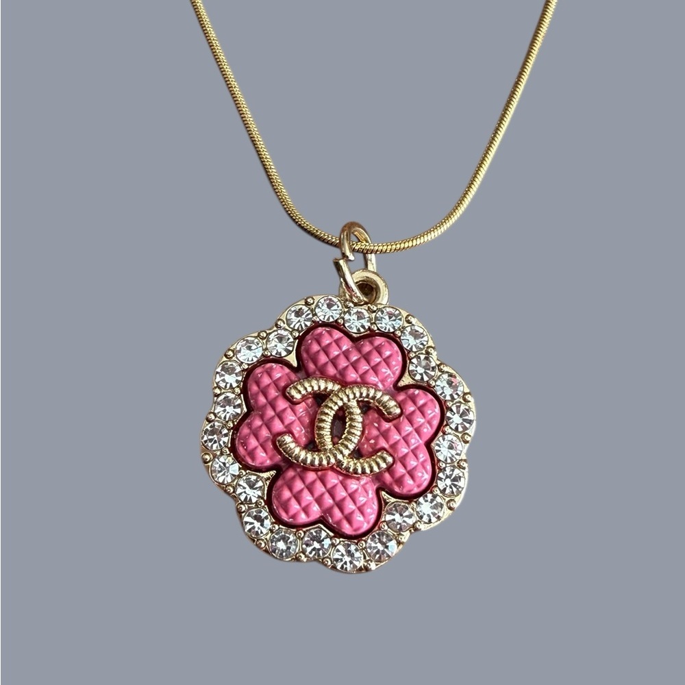 Upcycled Elegant Pink and Gold Flower Pendant Necklace